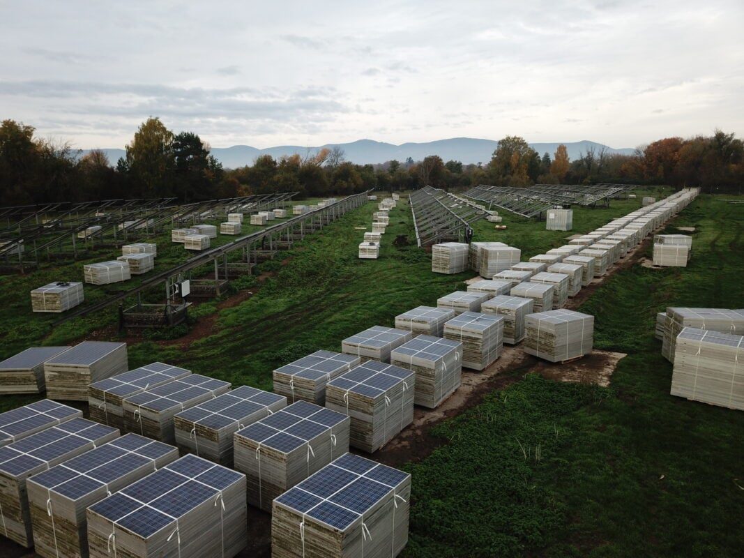 Solar panels palletized for transport